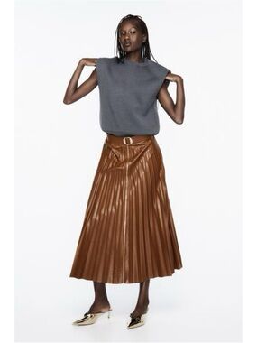 Brand New Zara Faux Leather Pleated MIDI Skirt Size XXL in Whiskey Brown Color